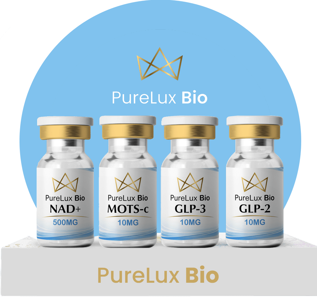 PureLux Bio research peptide vials NAD+, MOTS-C, GLP-3 and GLP-2 laboratory compounds